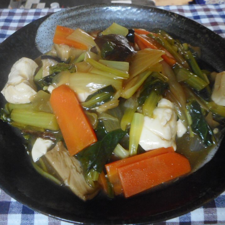 小松菜、豆腐、干しシイタケの炒め煮